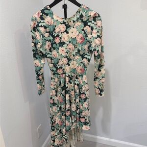 Outback Red Floral Long-Sleeve Midi Dress in Green and Pink
